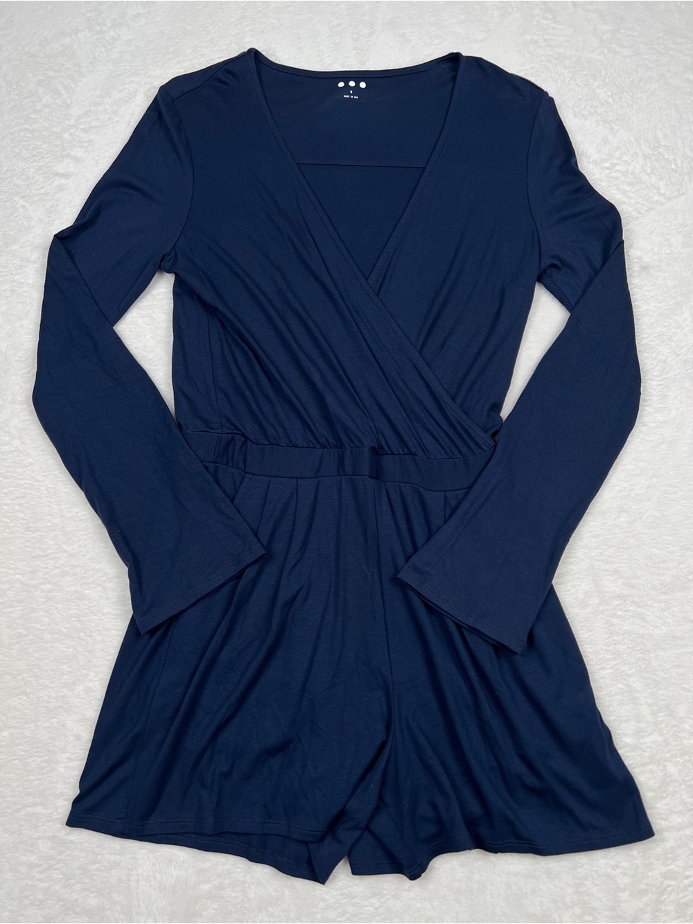 Three Dots Long Sleeve Surplice Faux Wrap Romper Navy Made in USA Size S NWOT